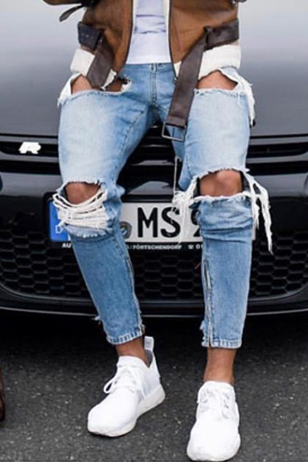 

Lovely Casual Hollow-out Baby Blue Jeans