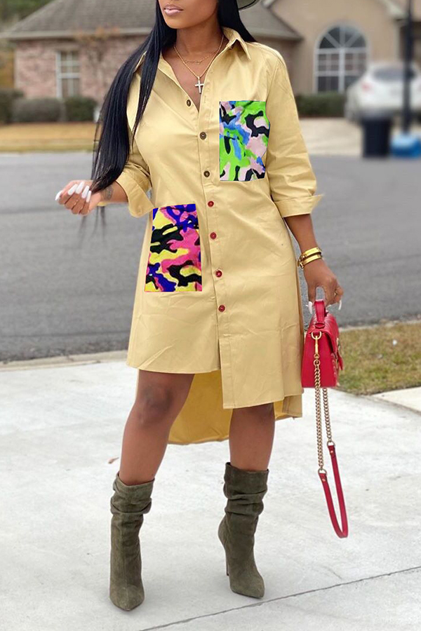 

Lovely Casual Print Buttons Camo Mid Calf Dress