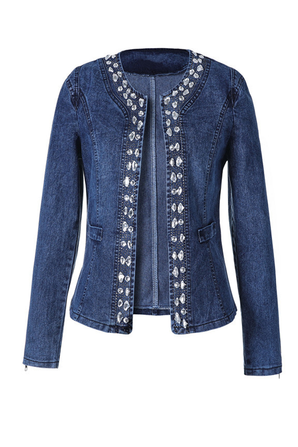 

Lovely Casual Basic Patchwork Blue Coat