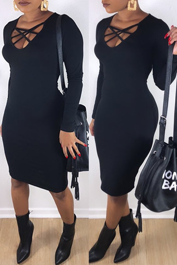 

Lovely Trendy U Neck Hollow-out Black Knee Length Dress