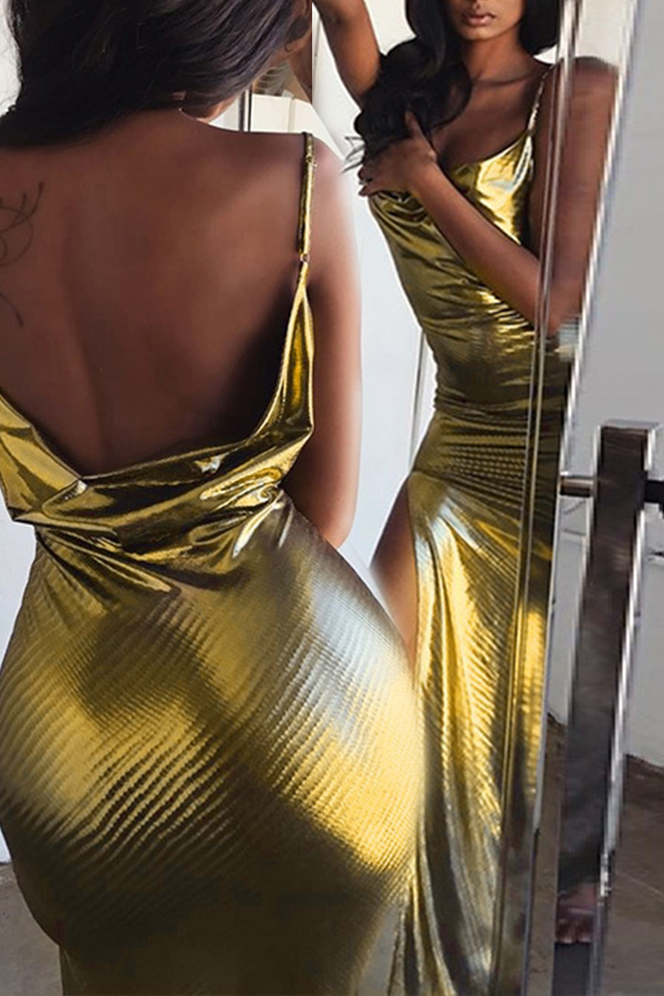 

Lovely Party Side High Slit Gold Evening Dress