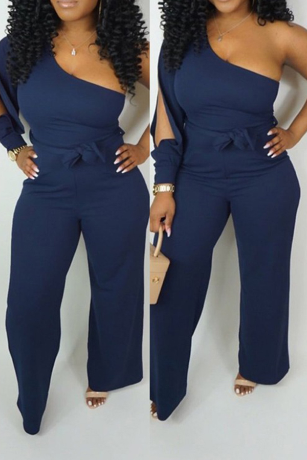 

Lovely Work One Shoulder Blue One-piece Jumpsuit