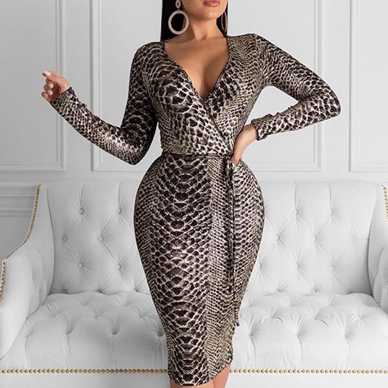 

Lovely Chic V Neck Snakeskin Print Knee Length Dress, Cobra