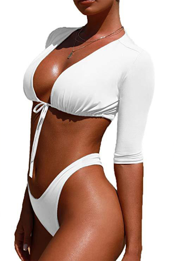 

Lovely Lace-up White Two-piece Swimsuit