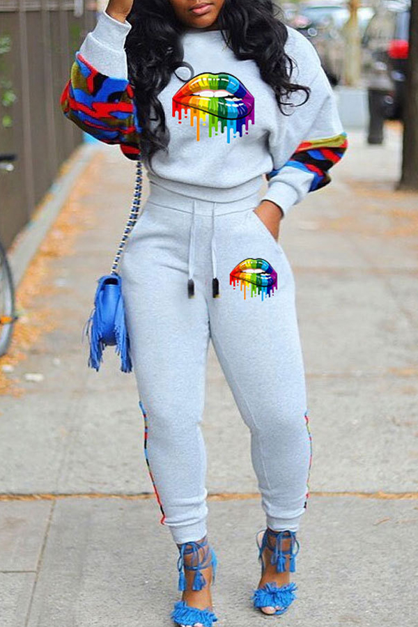 

Lovely Casual Lip Print Grey Two-piece Pants Set