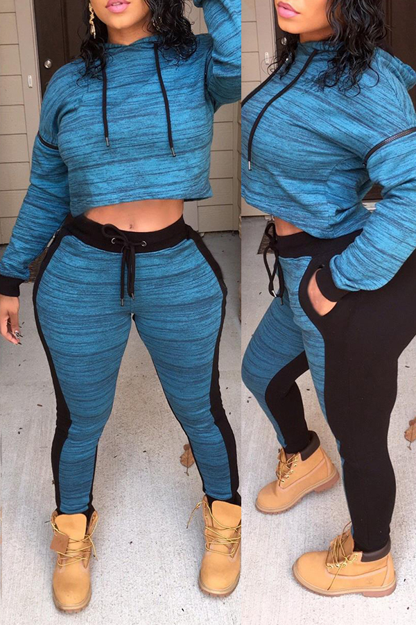 

Lovely Polyester Casual Solid Regular sleeve Basic Regular Long Sleeve Hooded Collar Yes(Elastic) Two-piece Pants Set, Blue