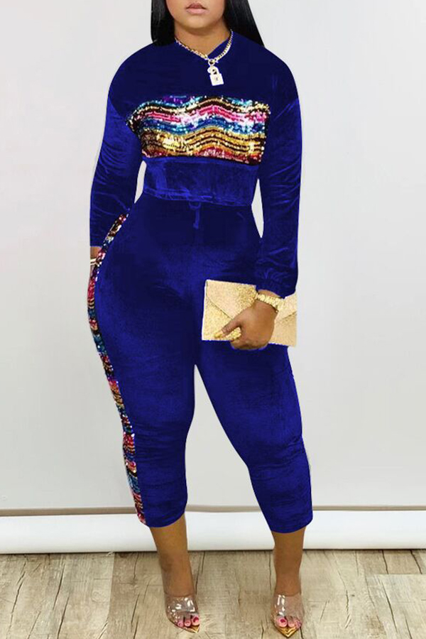 

Lovely Casual Patchwork Blue Two-piece Pants Set