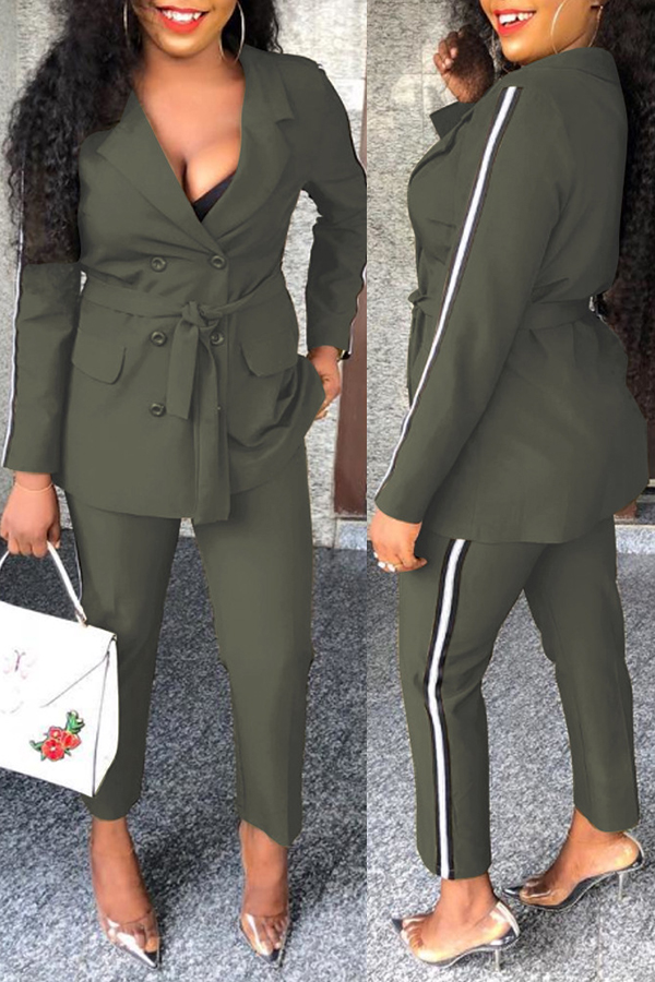 

Lovely Work Turn-back Collar Buttons Army Green Two-piece Pants Set