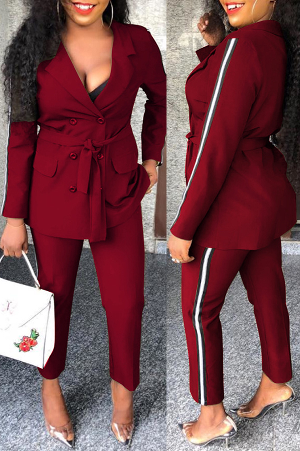 

Lovely Work Turn-back Collar Buttons Wine Red Two-piece Pants Set