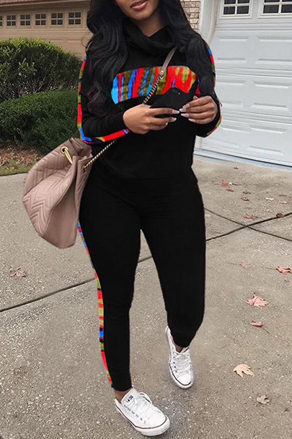

Lovely Casual Hooded Collar Patchwork Black Two-piece Pants Set