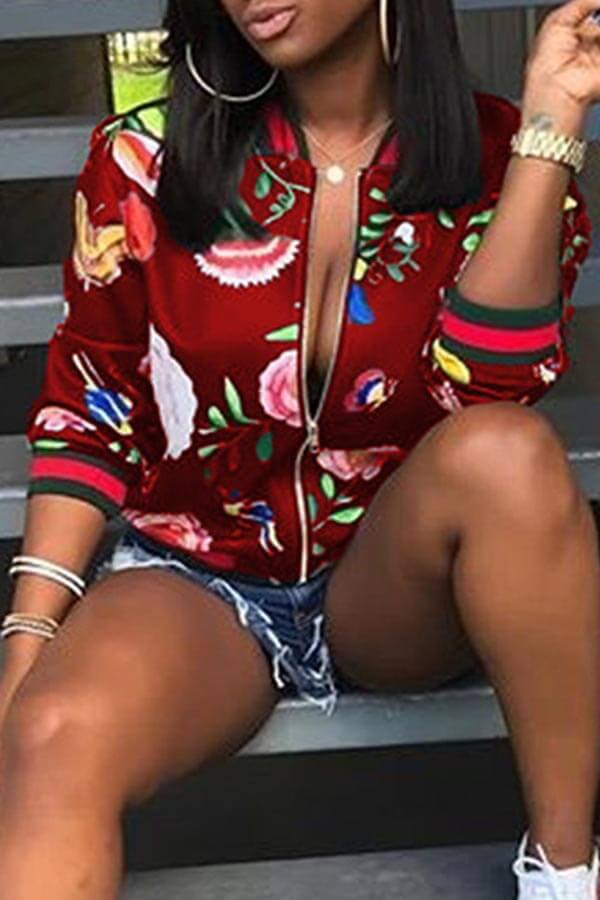 

Lovely Casual Print Wine Red Coat