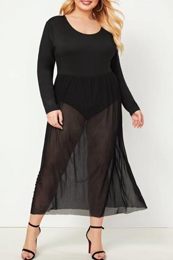 

Lovely Leisure O Neck See-through Black Plus Size One-piece Romper