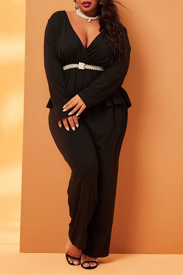 

Lovely Casual Deep V Neck Black Plus Size Two-piece Pants Set