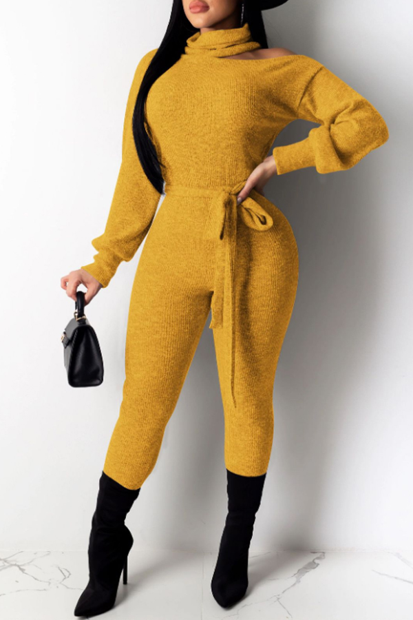 

Lovely Casual Skinny Lace-up Yellow One-piece Jumpsuit