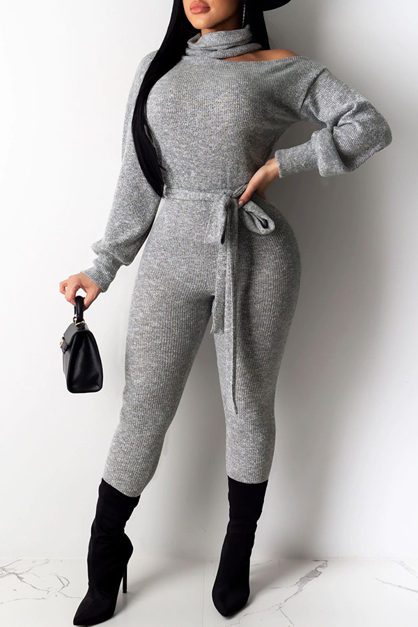 

Lovely Casual Skinny Lace-up Grey One-piece Jumpsuit