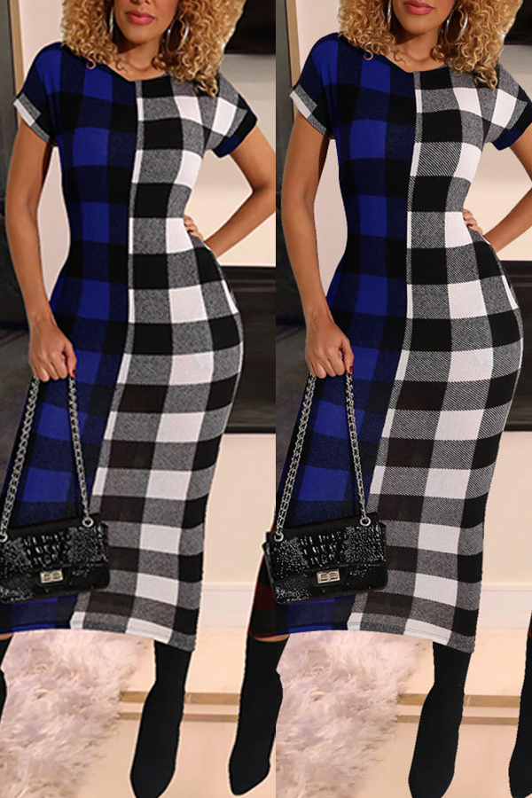 

Lovely Chic O Neck Plaid Print Blue Mid Calf Dress