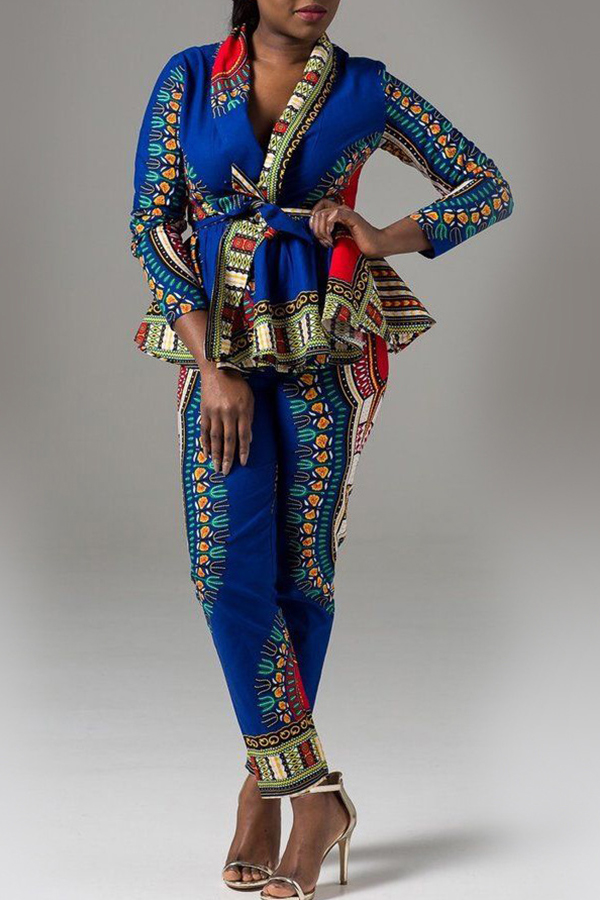

Lovely Work V Neck Print Blue Two-piece Pants Set