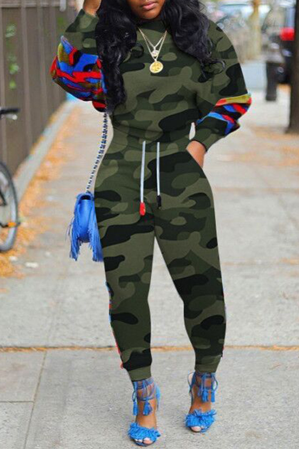 

Lovely Casual O Neck Print Green Two-piece Pants Set