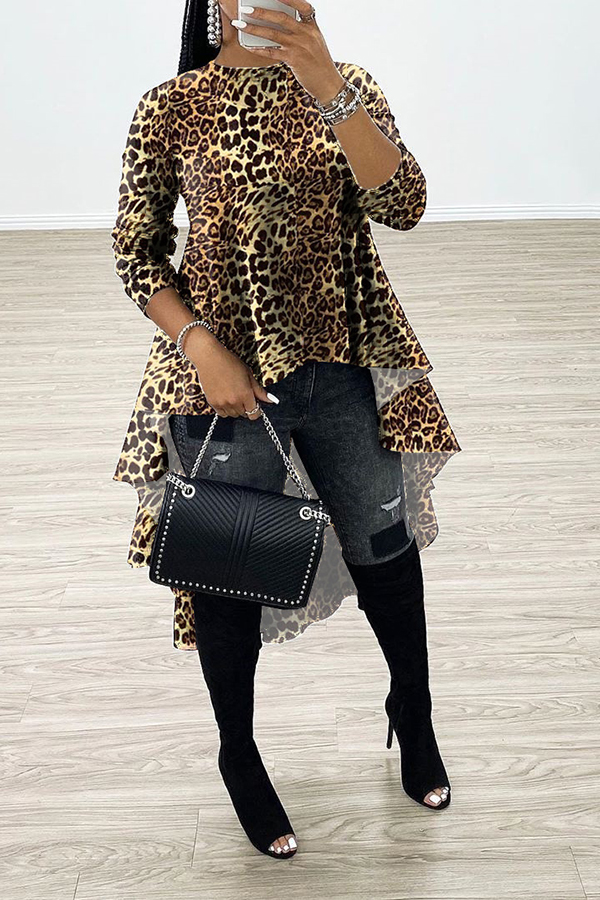 

Lovely Casual Asymmetrical Leopard Loose Blouse