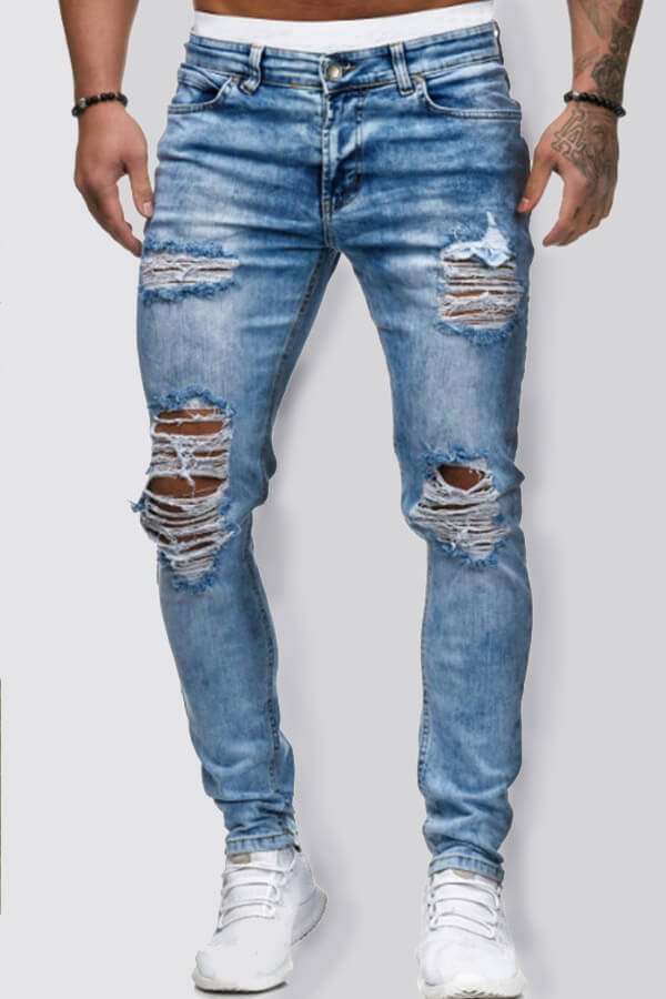 

LW COTTON Men Casual Broken Holes Baby Blue Jeans