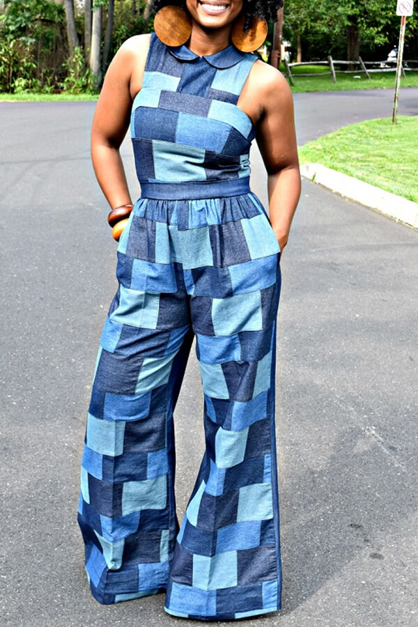 Lovely Casual Color-lump Patchwork Blue One-piece Jumpsuit