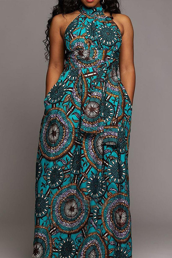 

Lovely Party Dew Shoulder Print Blue Prom Dress
