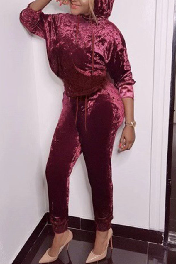 

Lovely Chic Basic Wine Red Velvet Two-piece Pants Set