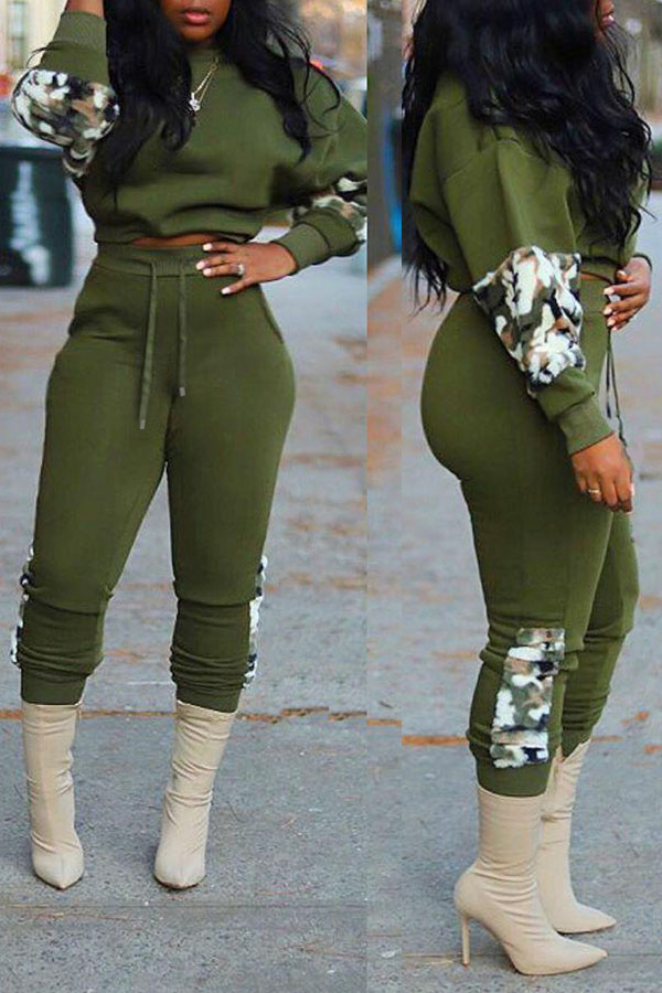 

Lovely Chic Patchwork Green Two-piece Pants Set