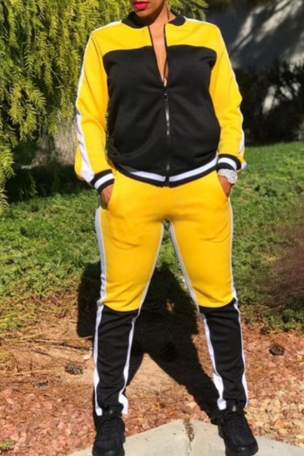 

Lovely Casual Patchwork Yellow Two-piece Pants Set