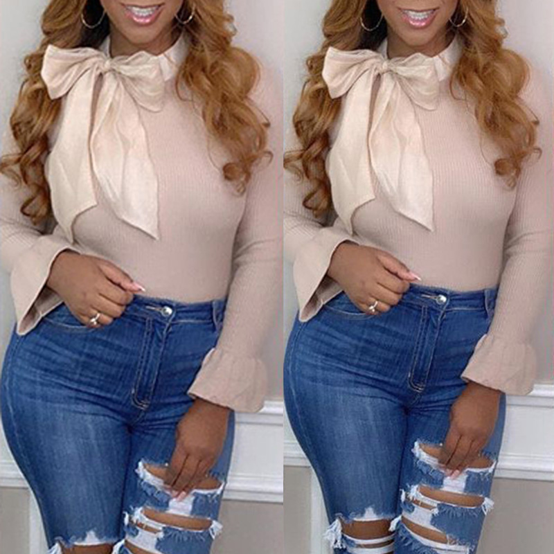 

Lovely Sweet O Neck Bow-Tie Apricot Blouse