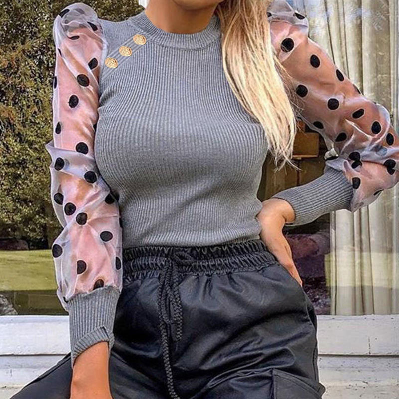 

Lovely Leisure Patchwork Dot Grey Blouse