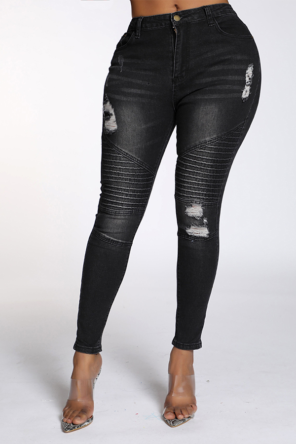 

Lovely Casual Broken Holes Black Jeans