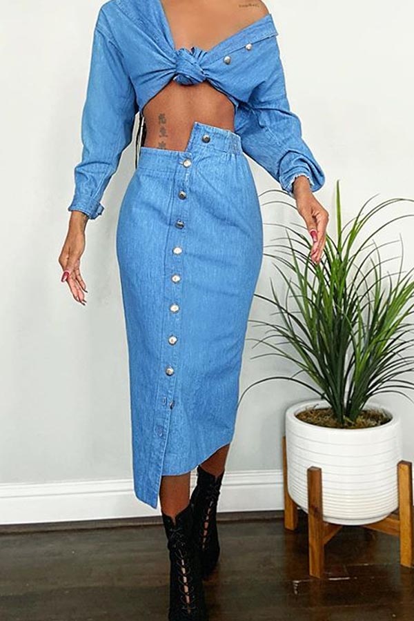 

Lovely Casual Buttons Design Blue Two-piece Skirt Set