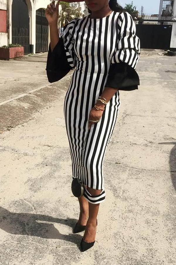 

Lovely Sweet Striped Black Mid Calf Dress