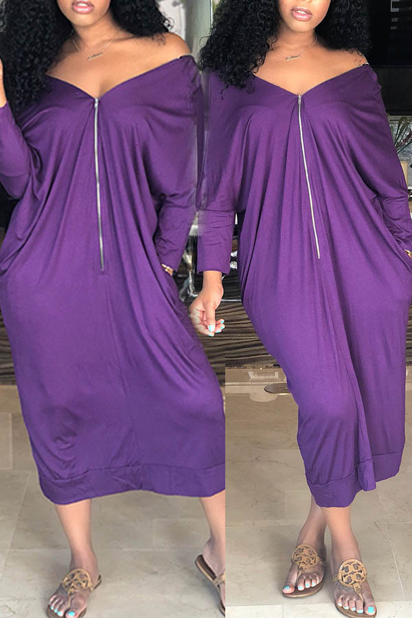 

Lovely Casual V Neck Zipper Design Purple Mid Calf Dress