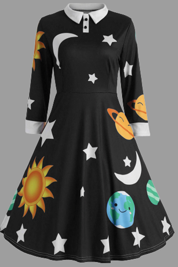 

Lovely Leisure POLO Collar Black Mid Calf Plus Size Dress