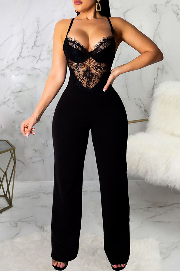

Lovely Sexy Patchwork Black One-piece Jumpsuit