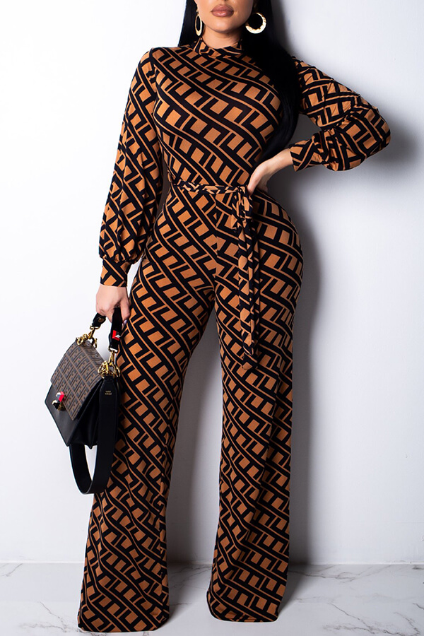 

Lovely Chic Print Loose Brown One-piece Jumpsuit