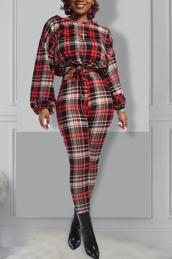 

Lovely Casual Plaid Red Two-piece Pants Set
