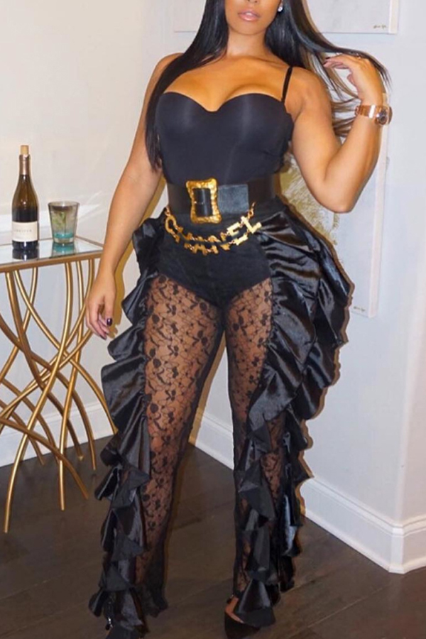 

Lovely Trendy Flounce Patchwork Black One-piece Jumpsuit(Without Belt