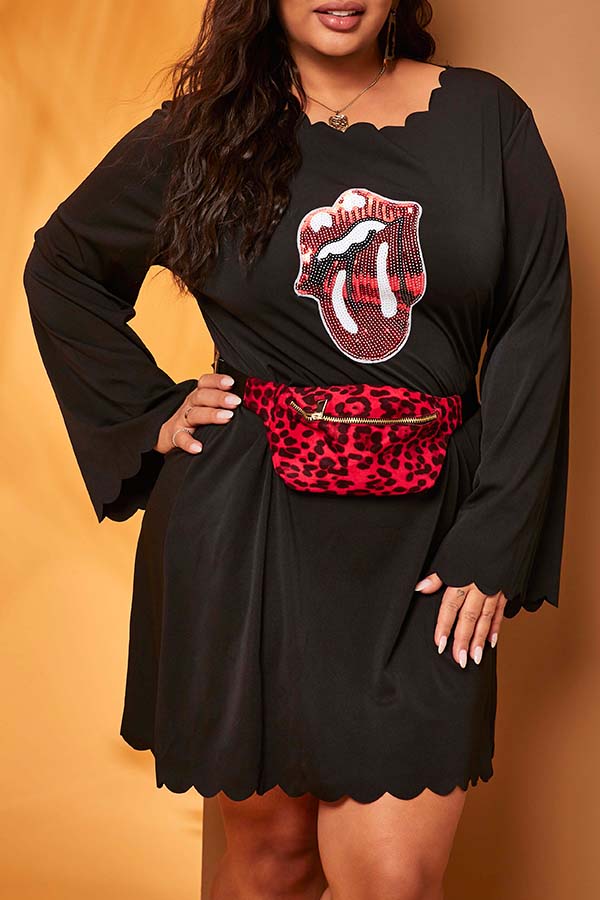 

Lovely Casual Lip Print Black Plus Size Mini Dress