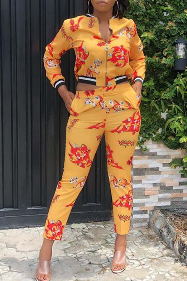 

Lovely Chic Zipper Design Print Yellow Two-piece Pants Set