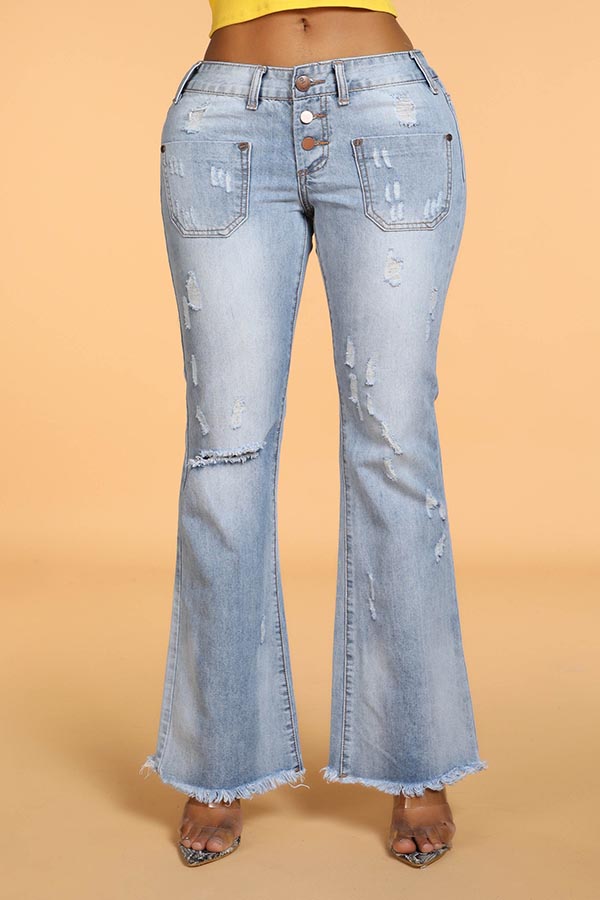 

Lovely Casual Flared Broken Holes Blue Jeans