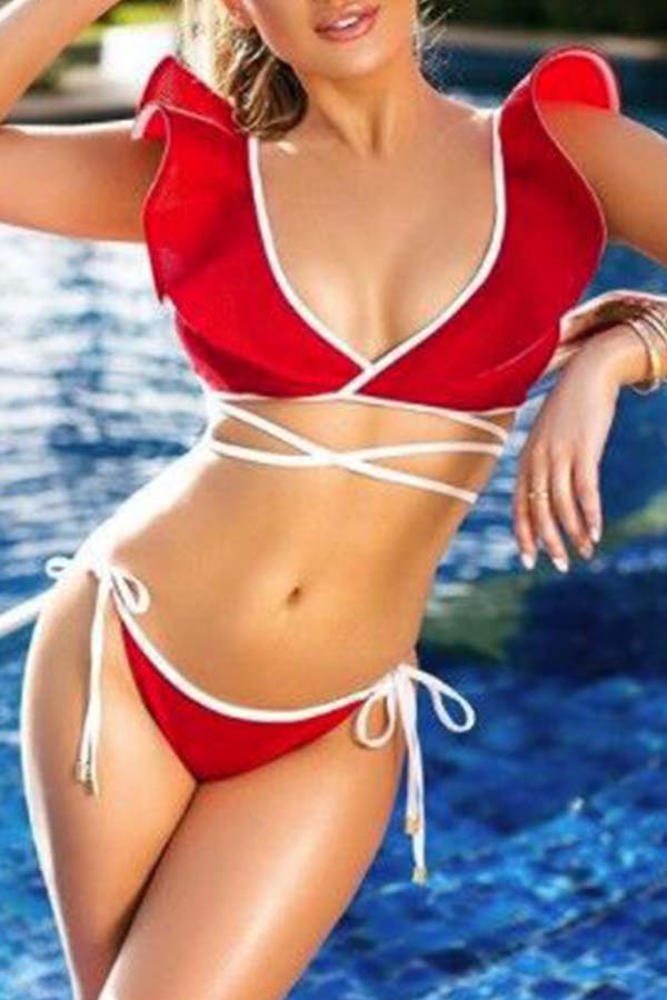 

Lovely Lace-up Red Two-piece Swimsuit