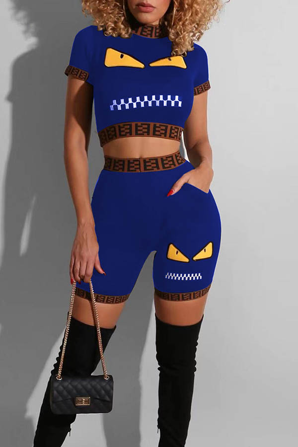 

Lovely Leisure Mandarin Collar Print Blue Two-piece Shorts Set