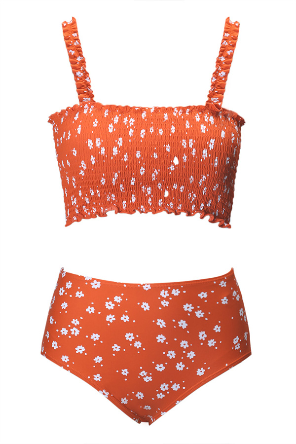 Lovely Floral Print Orange Two-piece Swimsuit_Bikinis_Swimsuit ...