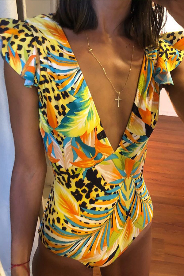 

Lovely Deep V Neck Multicolor One-piece Swimsuit, Multi