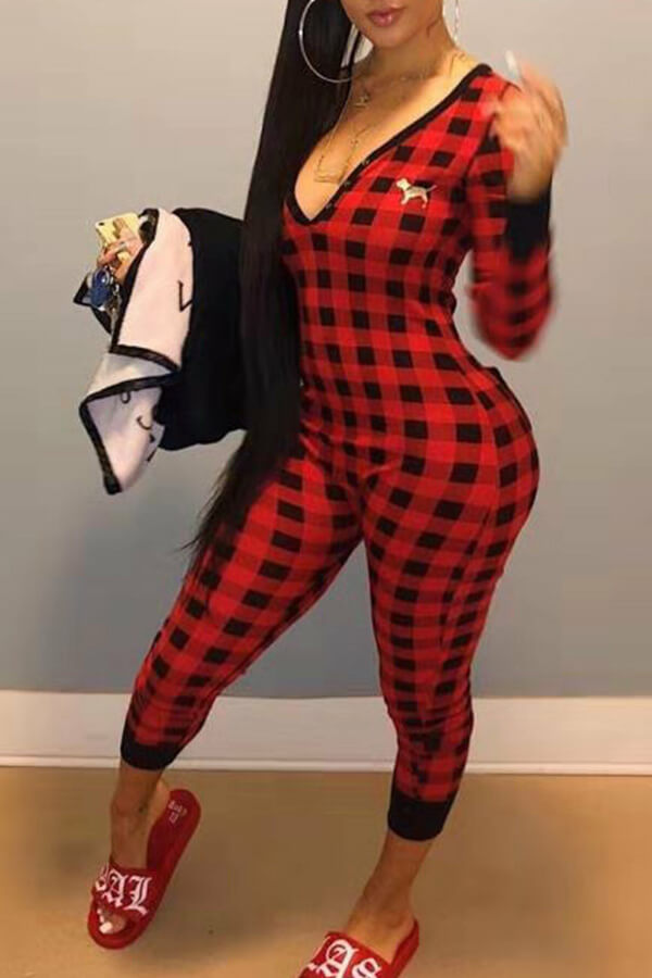 LW U Neck Plaid Print Jumpsuit, Red