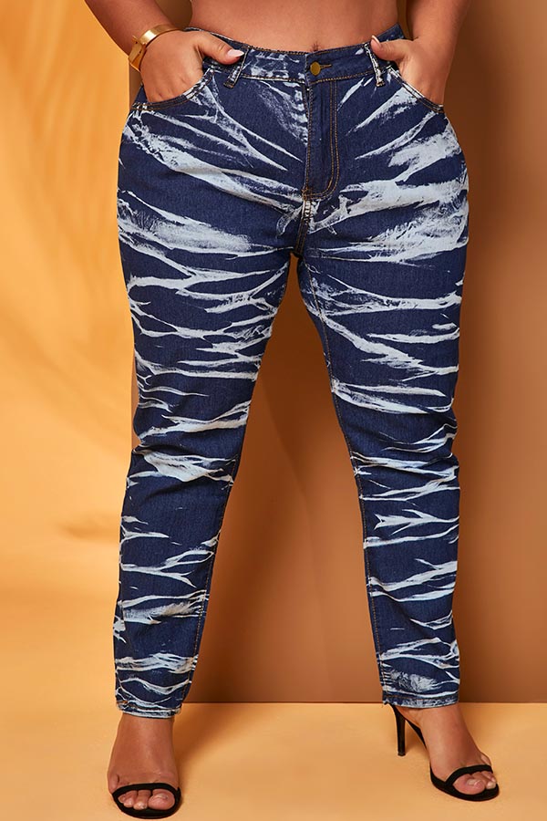 

Lovely Casual Print Deep Blue Plus Size Jeans