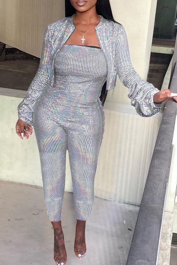 

Lovely Casual Striped Silver Two-piece Pants Set